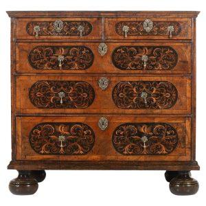 17th c. English William & Mary Walnut and Ebony Seaweed Marquetry Commode