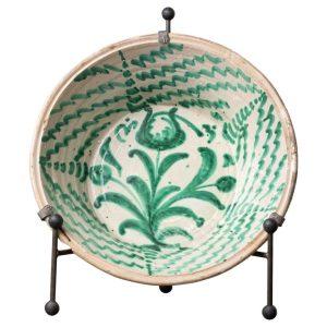 19th c. Large Spanish Green Fajalauza Lebrillo Bowl with Hanging Iron and Stand
