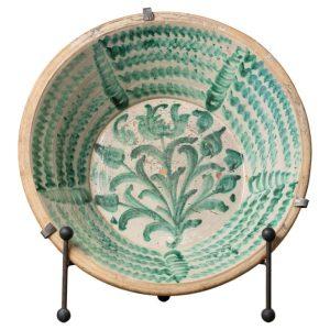 19th c. Large Spanish Green Fajalauza Lebrillo Bowl with Hanging Iron and Stand