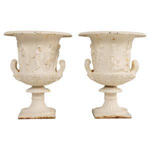 19th c. Pair of English Painted Cast Iron Medici or Borghese Urns